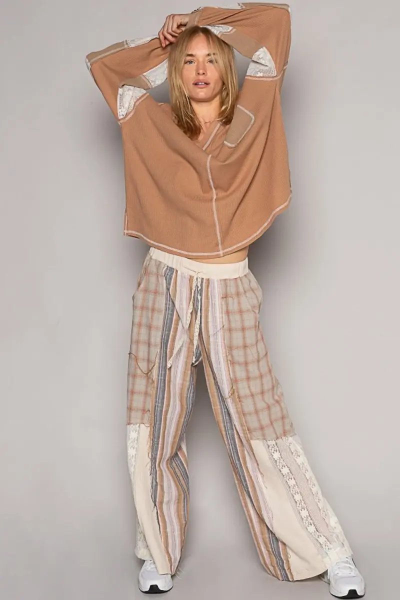 POL V-Neck Lace Balloon Sleeve Exposed Seam Top for Women - Love Salve